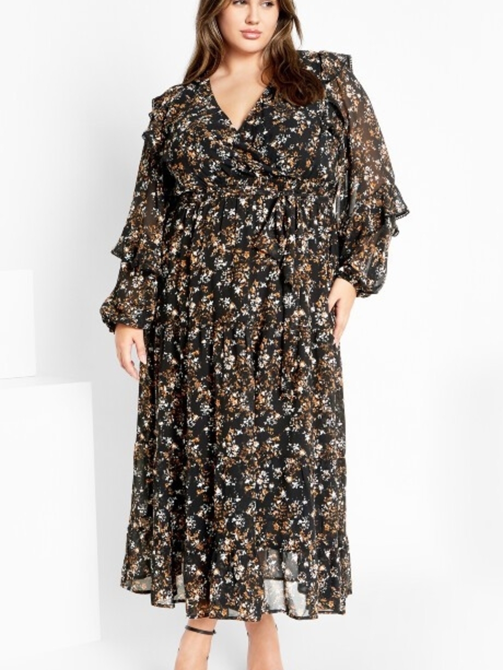 City Chic Black Floral Ruffled Wrap Maxi Dress